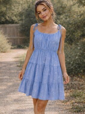 Rhea Blue Tiered Dress S/M NWOT Boho Tie Strap Mini Midi Foil Detail